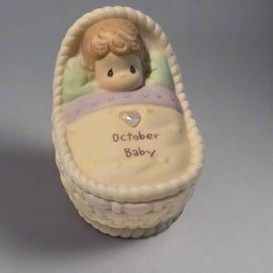 2001 Precious Moments Oct Baby Bassinet Birthstone Figurine /w Simulated Opal